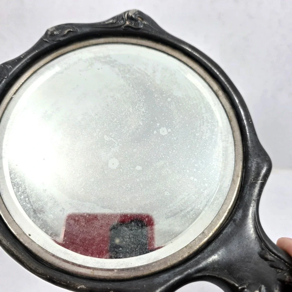 Vintage Art Nouveau Repousse Handheld Mirror Bevelled Glass 10